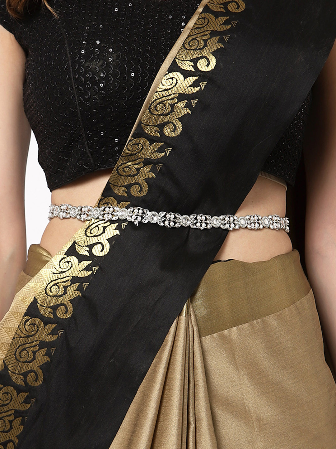 KARATCARTOxidised Silver-Toned Kundan Studded & Pearls Beaded Kamarbandh