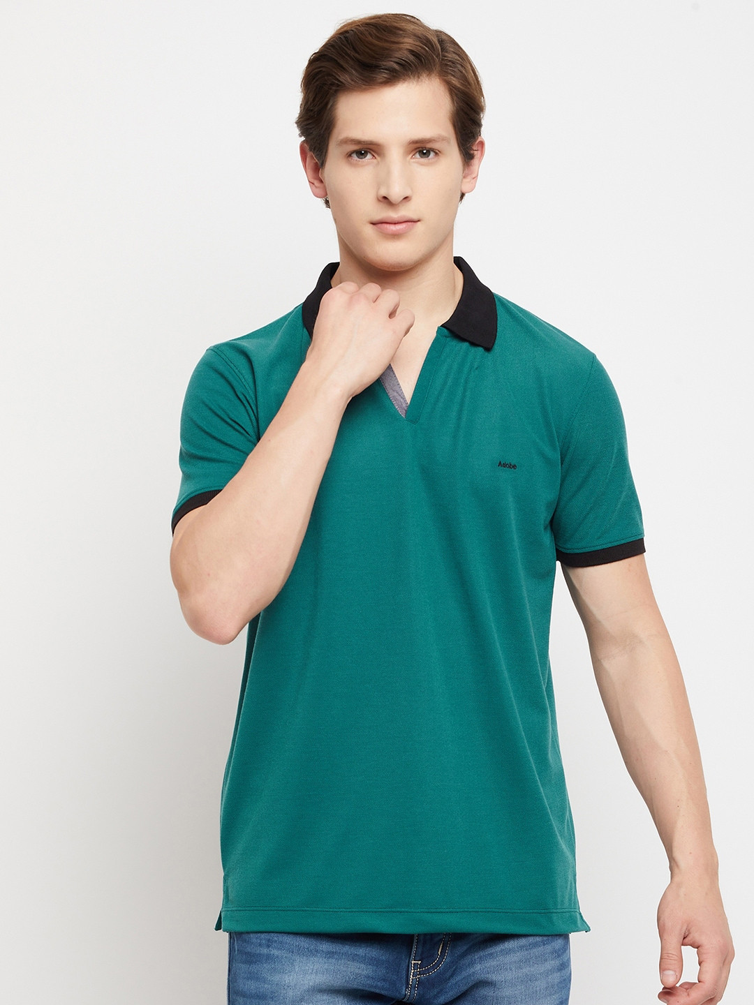 Adobe Men Teal Green Polo Collar T-shirt