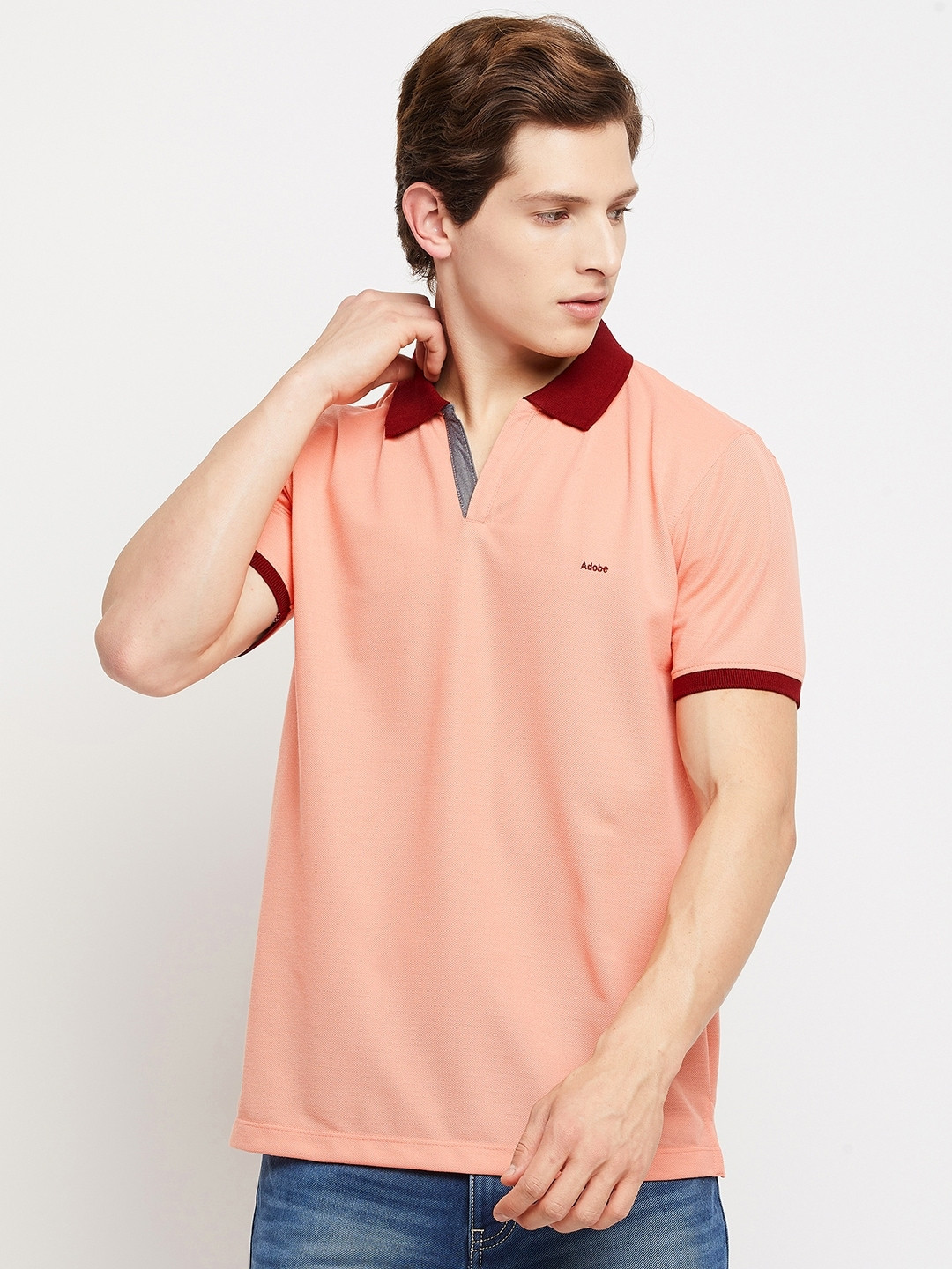 Adobe Men Peach-Coloured Polo Collar T-shirt