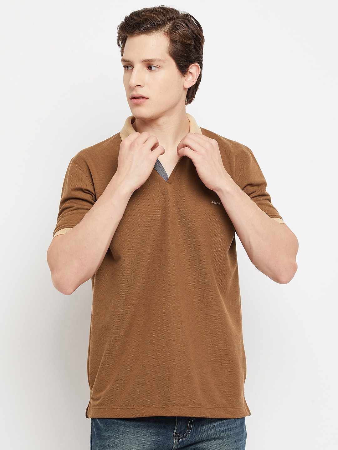Adobe Men Coffee Brown Polo Collar T-shirt