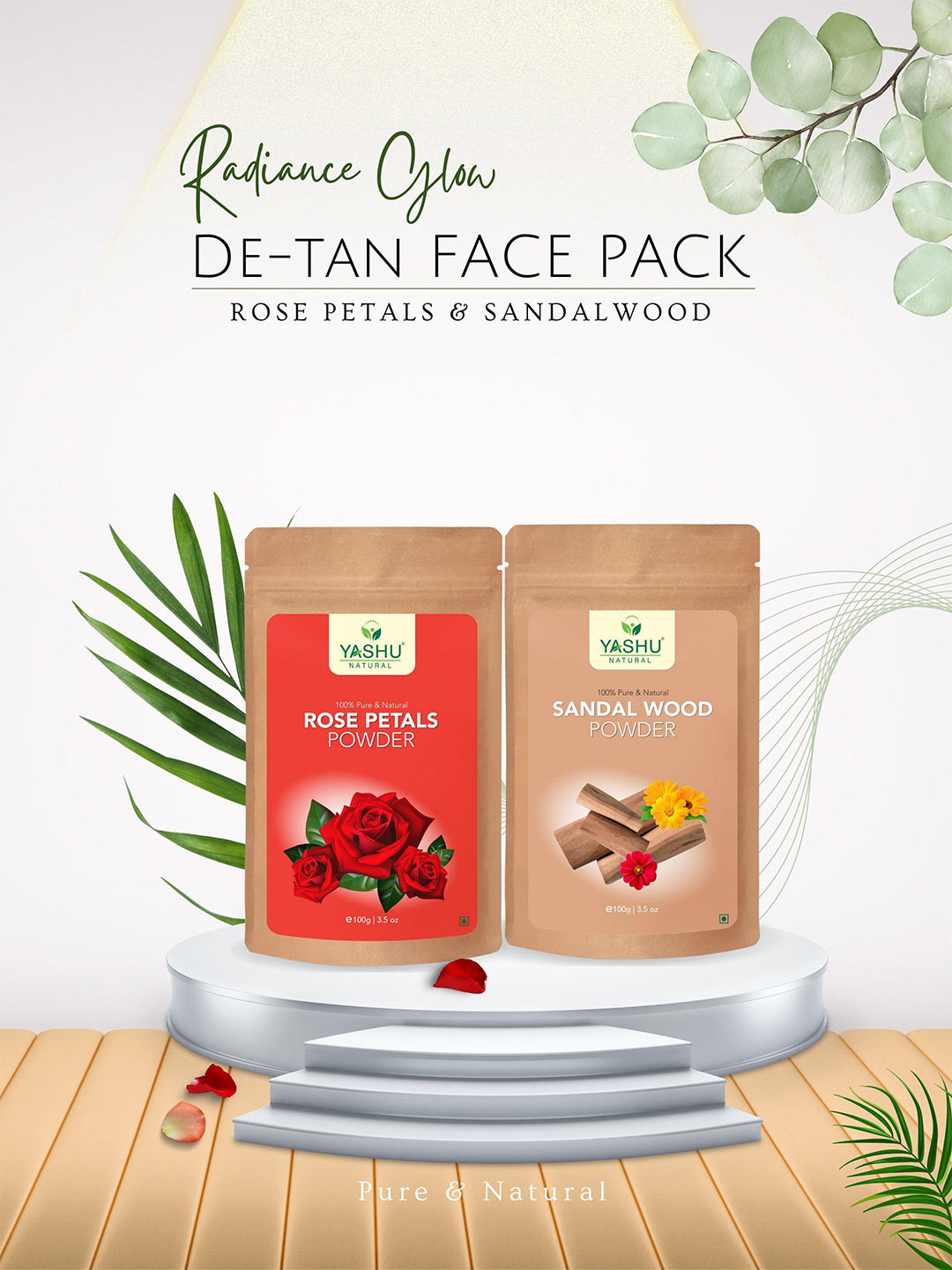 YASHU 100% Pure & Natural Rose Petals & Sandalwood Powder Combo for Natural Glow 100g Each