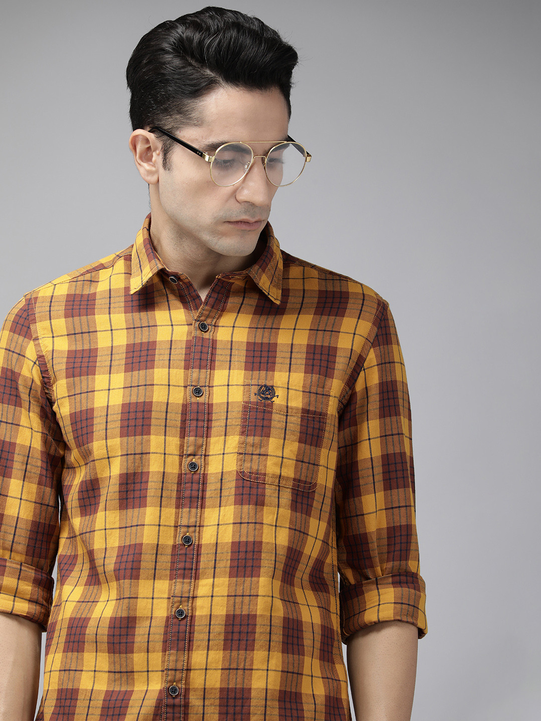 U.S. Polo Assn. Denim Co. Denim Co Men Mustard Tartan Checks Slim Fit Pure Cotton Casual Shirt