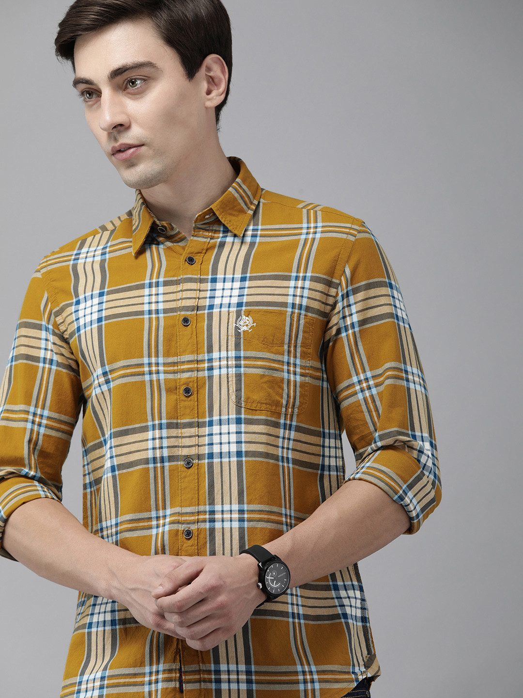 U.S. Polo Assn. Denim Co. Men Brown & Navy Blue Slim Fit Checked Pure Cotton Casual Shirt