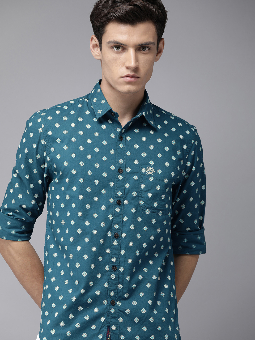 U.S. Polo Assn. Denim Co. Denim Co Men Teal Blue Slim Fit Ethnic Printed Pure Cotton Casual Shirt