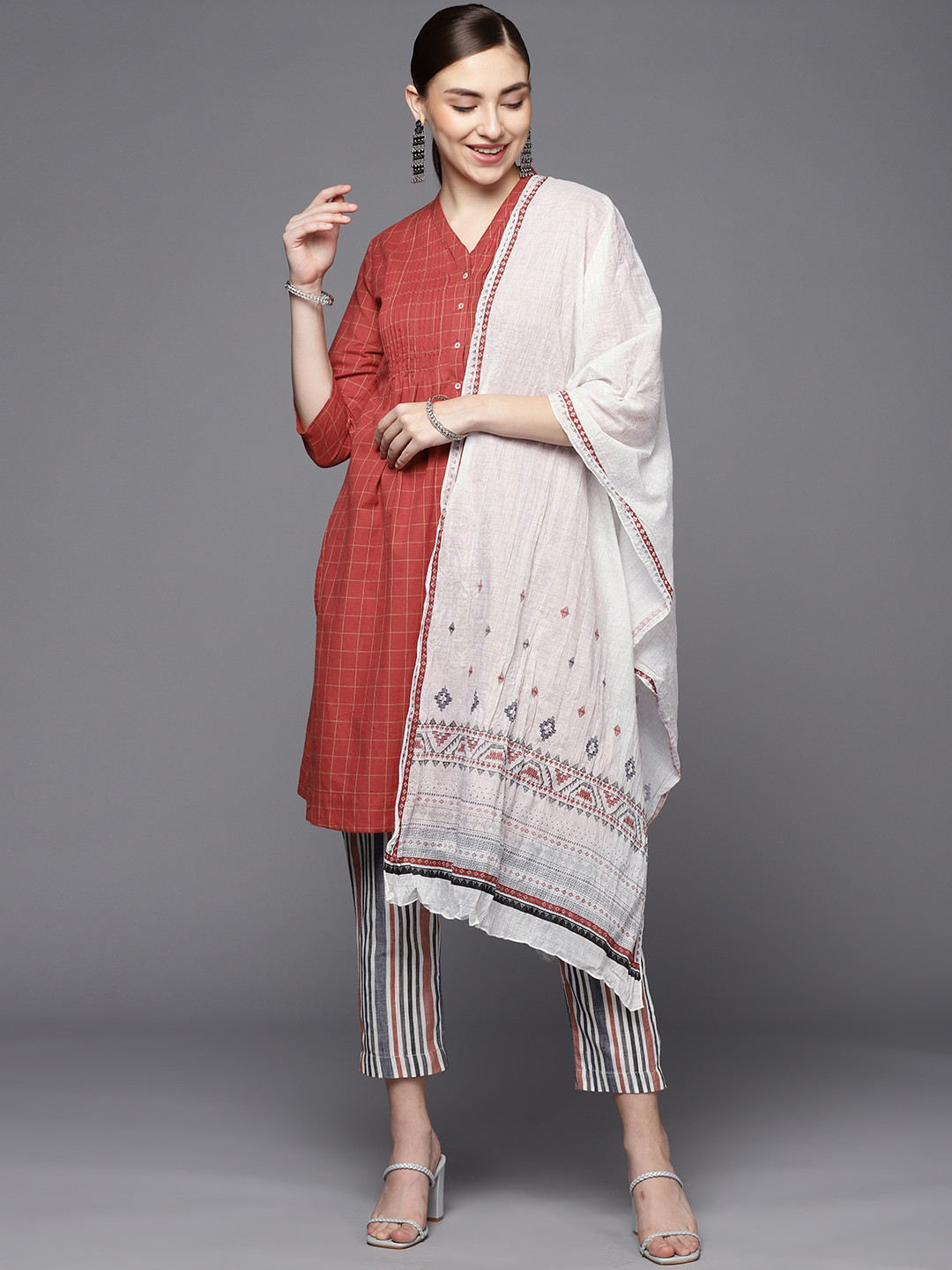 Biba Women Rust Red Checked Pure Cotton Kurta with Trousers & Dupatta