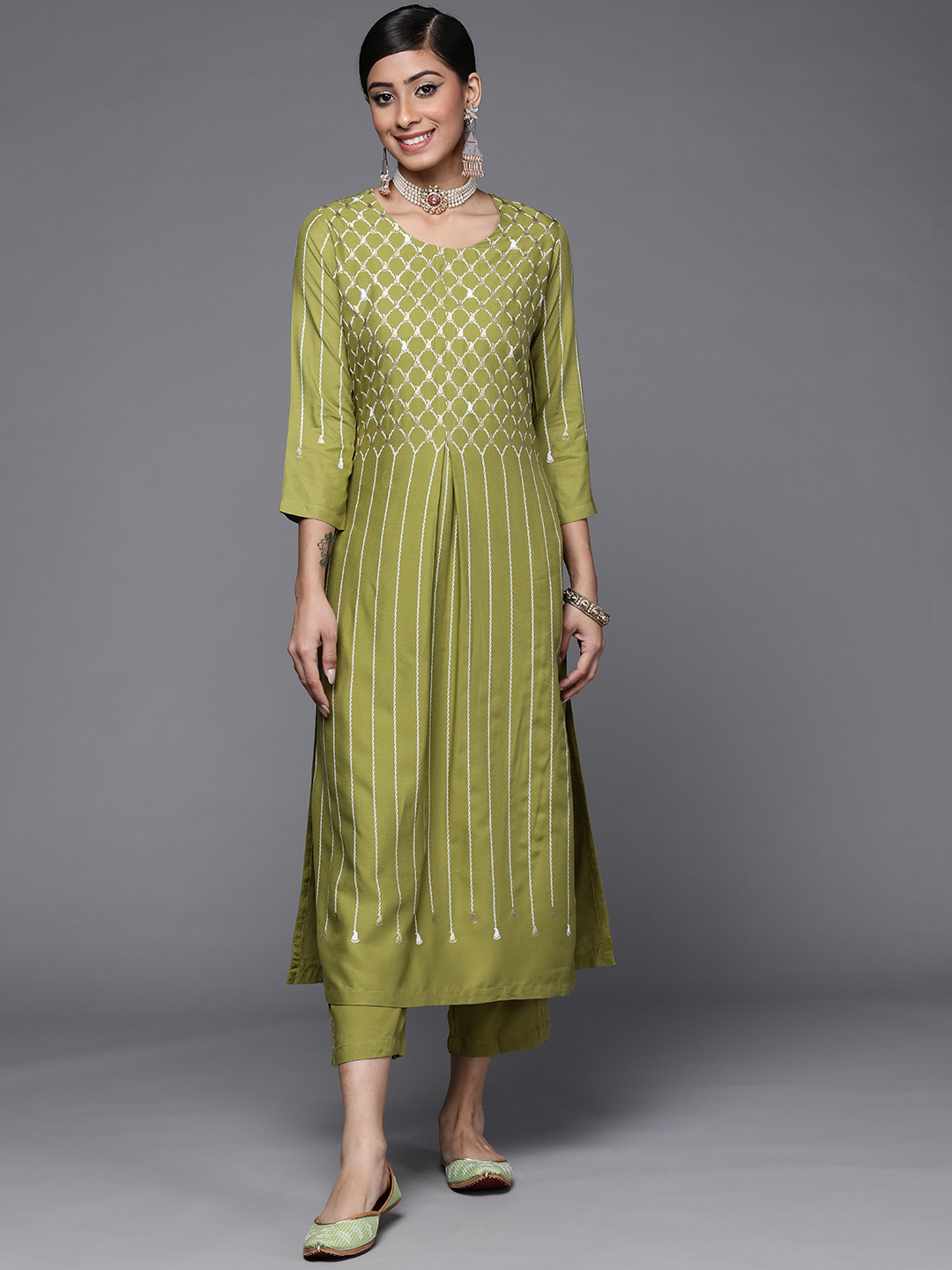 Biba Women Olive Green & Golden Ethnic Motifs Printed Pleated Kurta with Trousers
