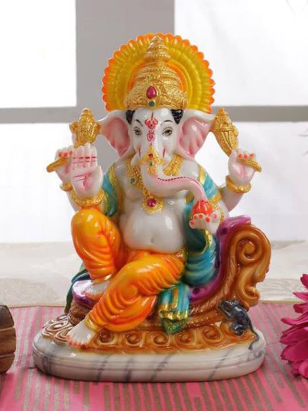 Gallery99 Lord Ganpati Yellow Marble Natural Prayer Room Hand-Painted Medium Showpiece - 12 Inches