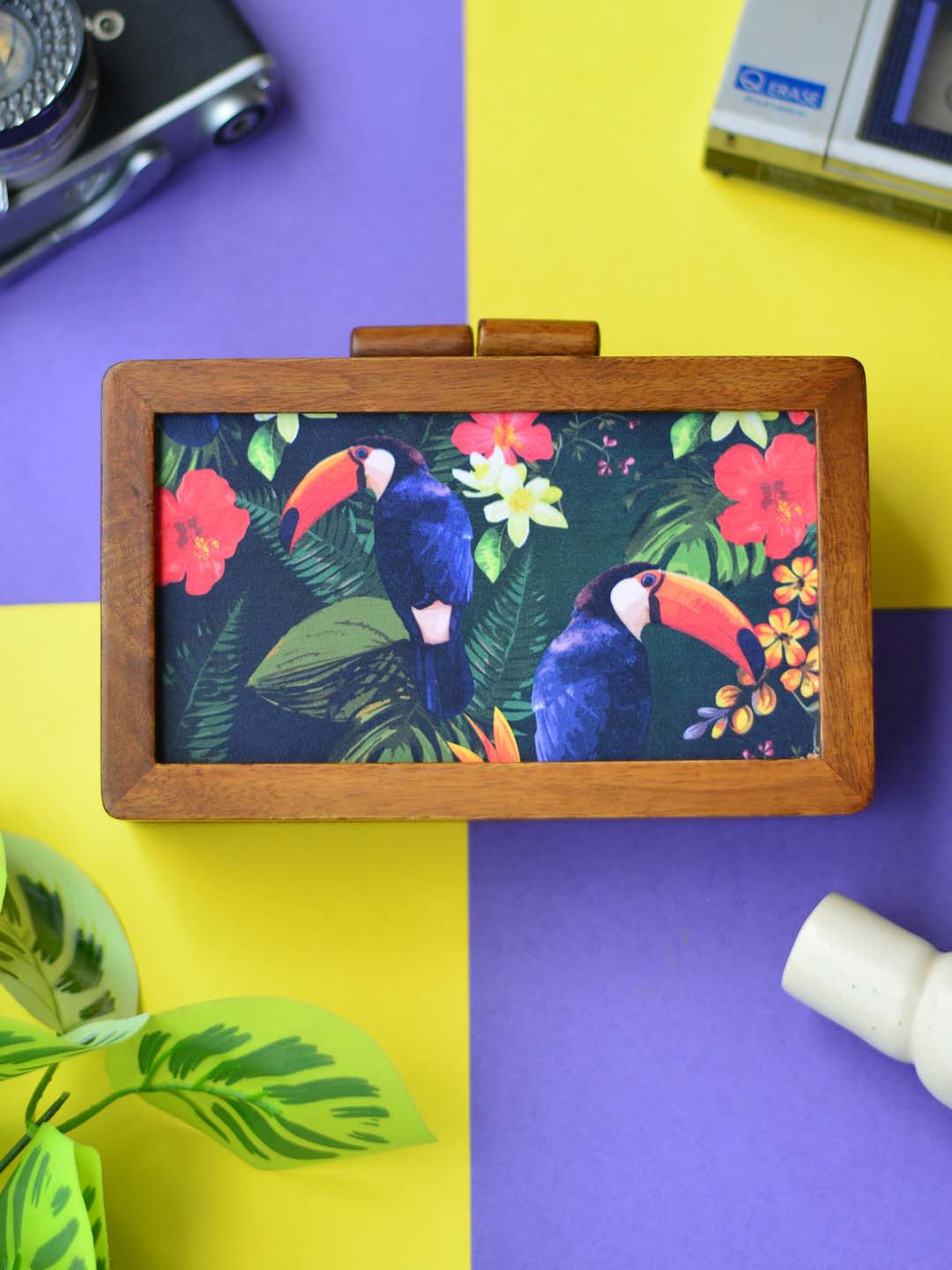 ARTKLIM Woman Brown & Multicoloured Printed Wooden Clutch