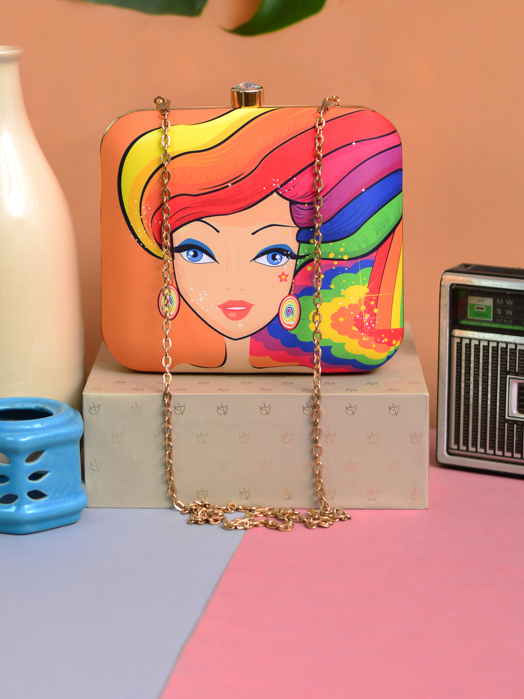 ARTKLIM Red & Blue Rainbow hair Printed Box Clutch