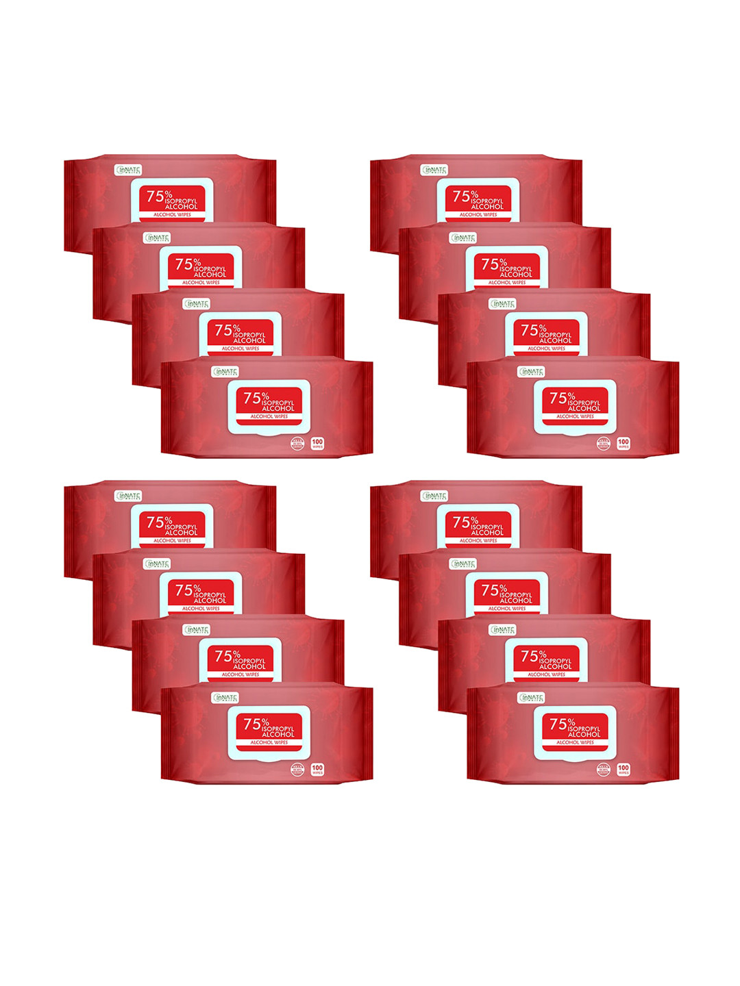 InnateWhites Set of 16 Hand & Surface Cleaning 75% Isopropyl Alcohol Wipes- 100 Pulls Each