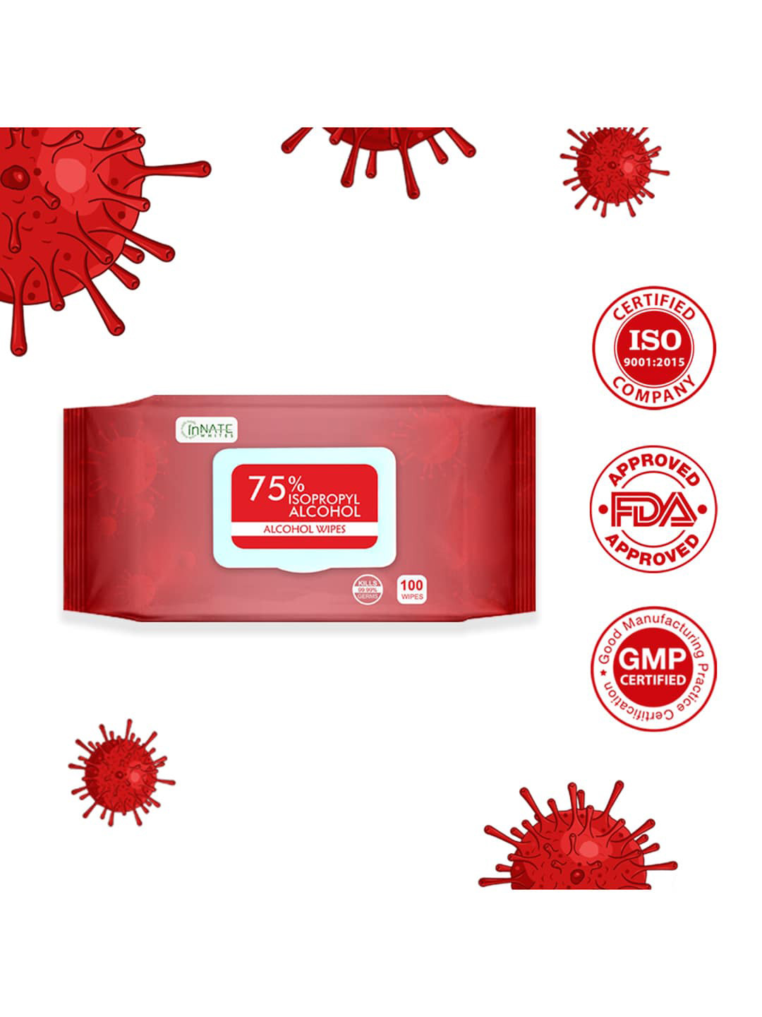 InnateWhites Hand & Surface Cleaning 75% Isopropyl Alcohol Wipes - 100 Pulls