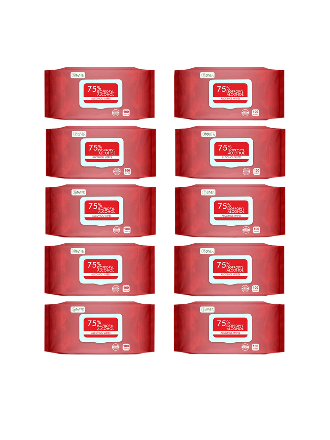 InnateWhites Set of 10 Hand & Surface Cleaning 75% Isopropyl Alcohol Wipes- 100 Pulls Each