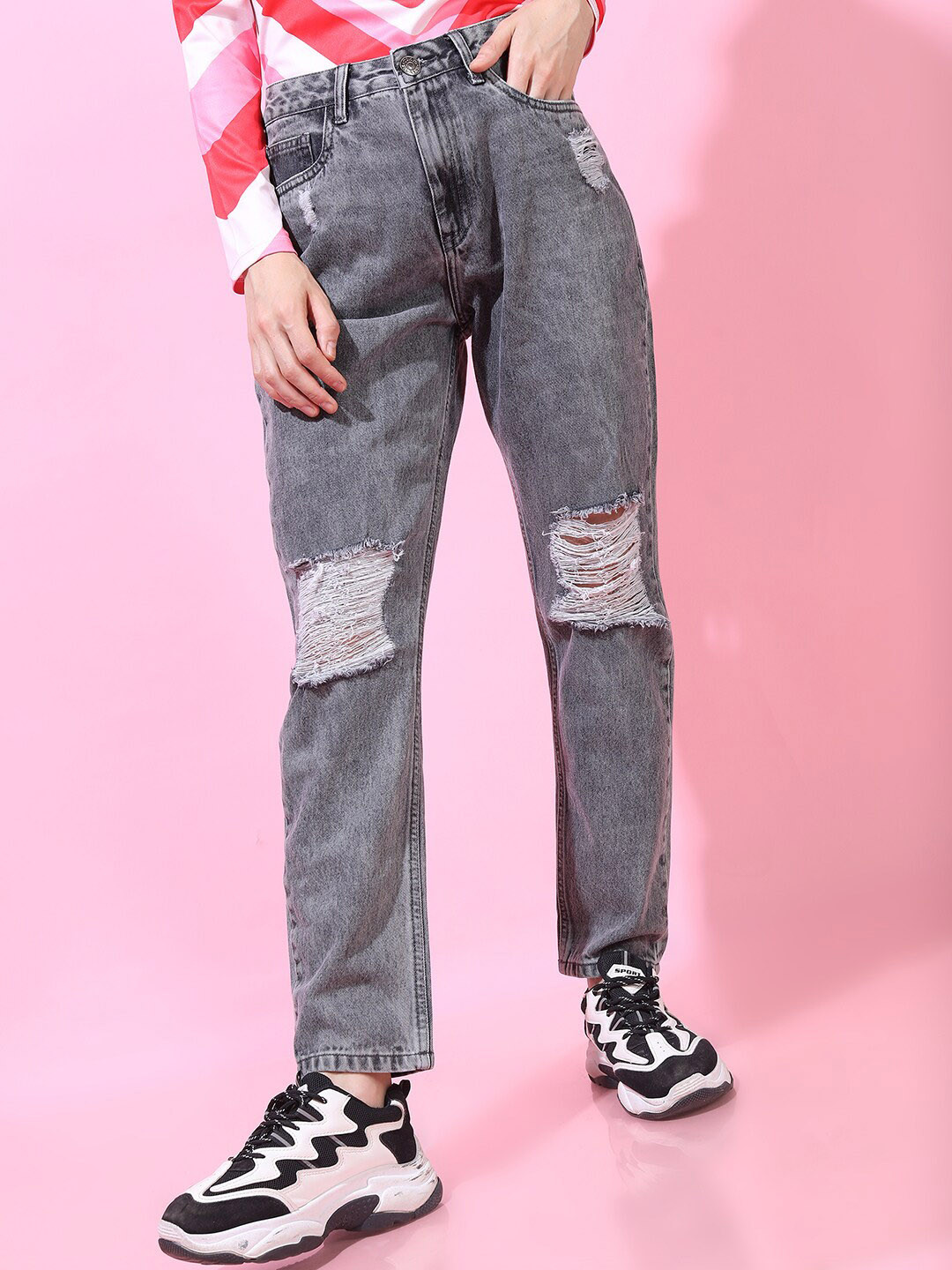 Tokyo Talkies Women Grey Straight Fit Highly Distressed Heavy Fade Jea