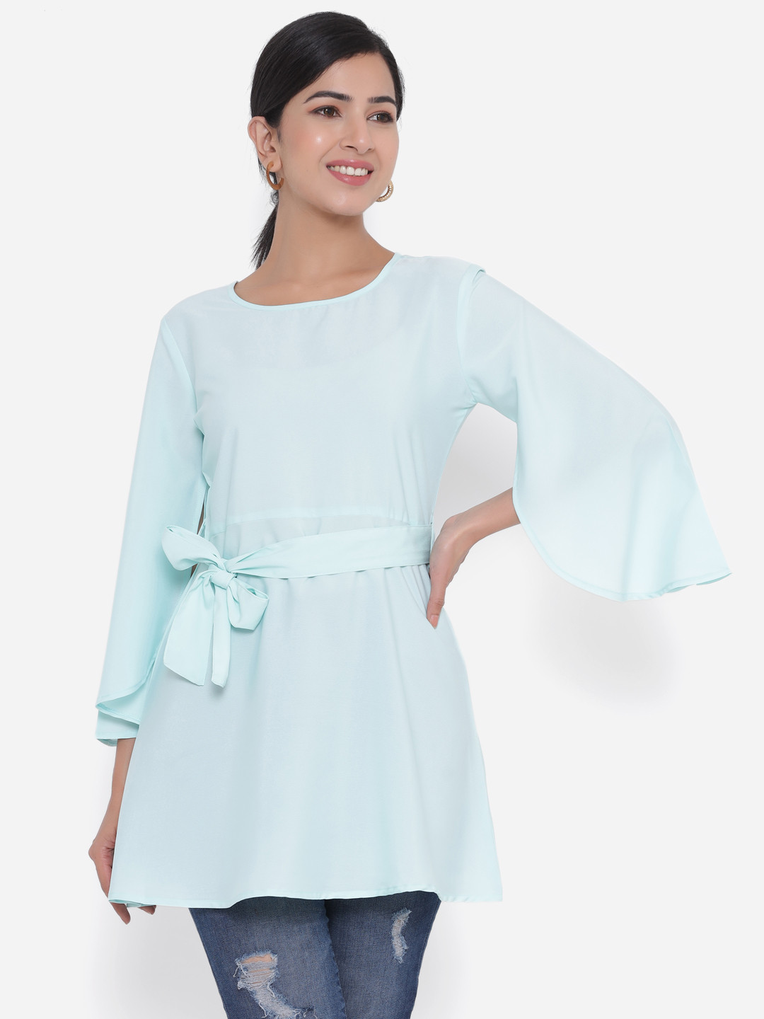 CHRISTEENA Women Green Crepe Longline Top