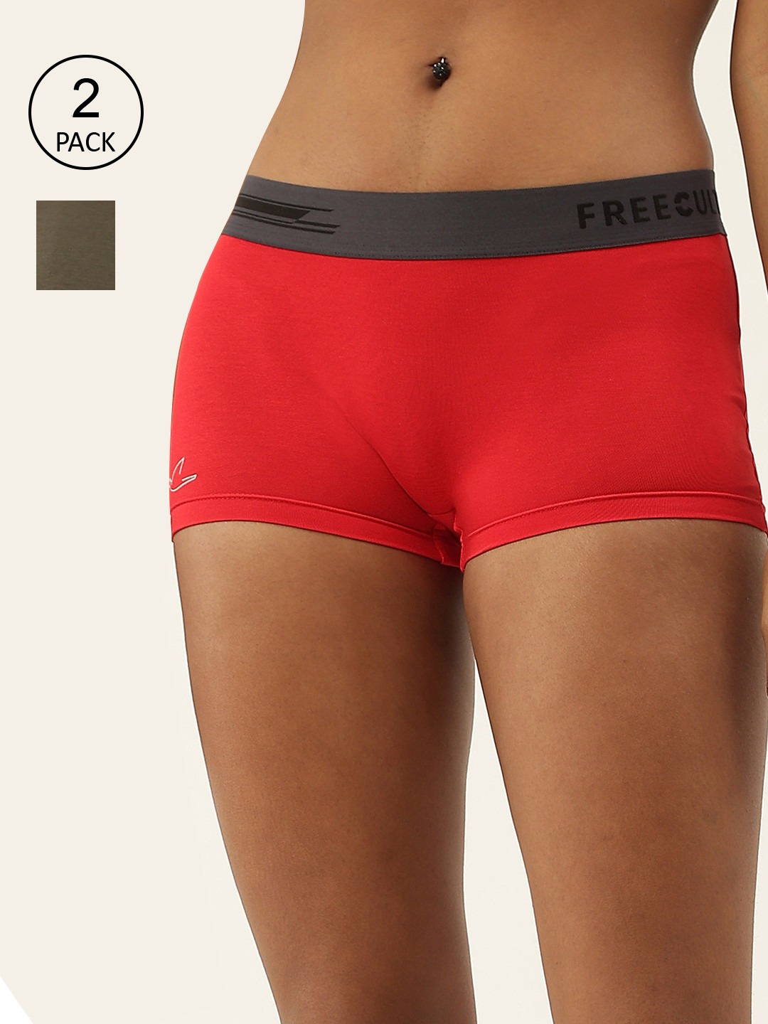 FREECULTR Women Red & Olive Green Pack Of 2 Solid Cotton Boy Shorts Briefs