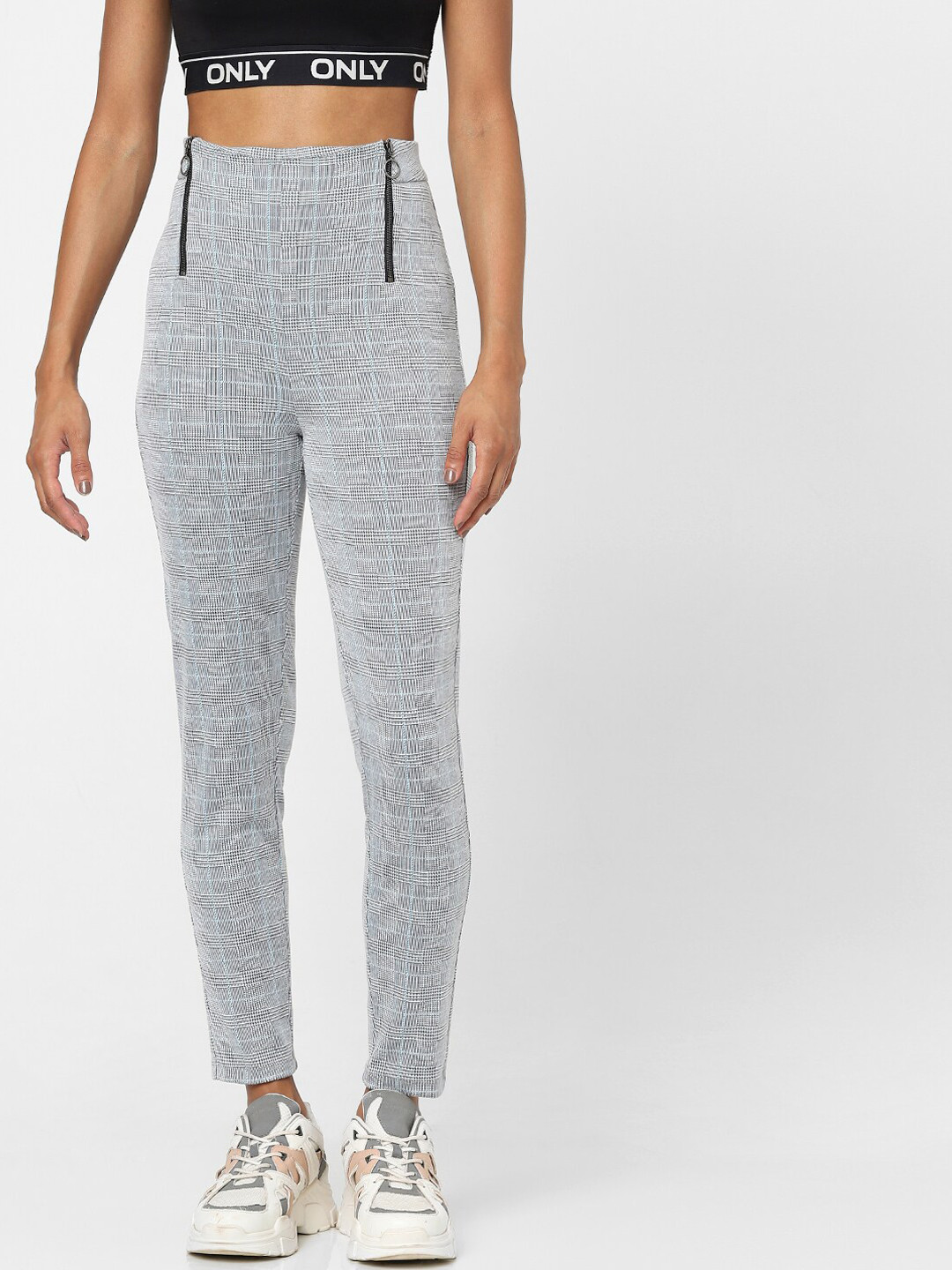 ONLY White & Grey Checked High-Waist Skinny Fit Jeggings
