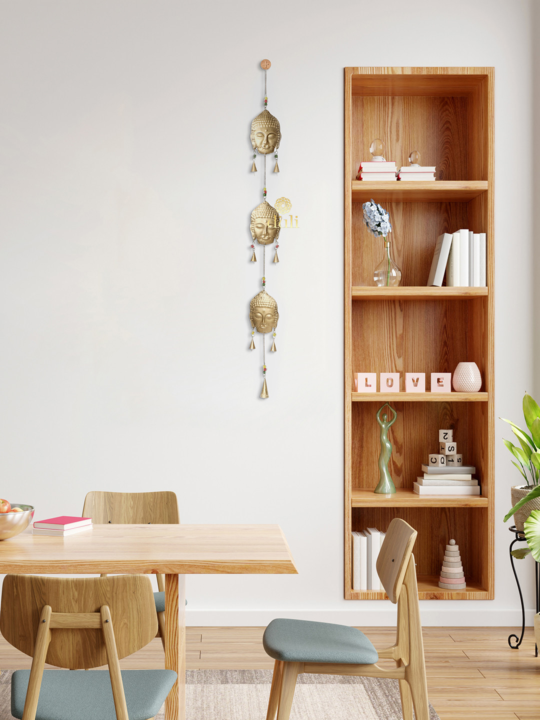 DULI Gold-Toned Buddha Design Long Metal Wall Hanging Windchime With Bells