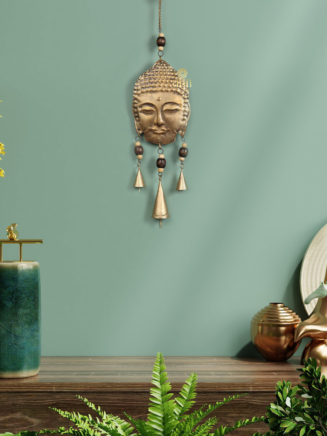 DULI Gold-Toned Buddha Design Wall Hanging Windchime With Bells