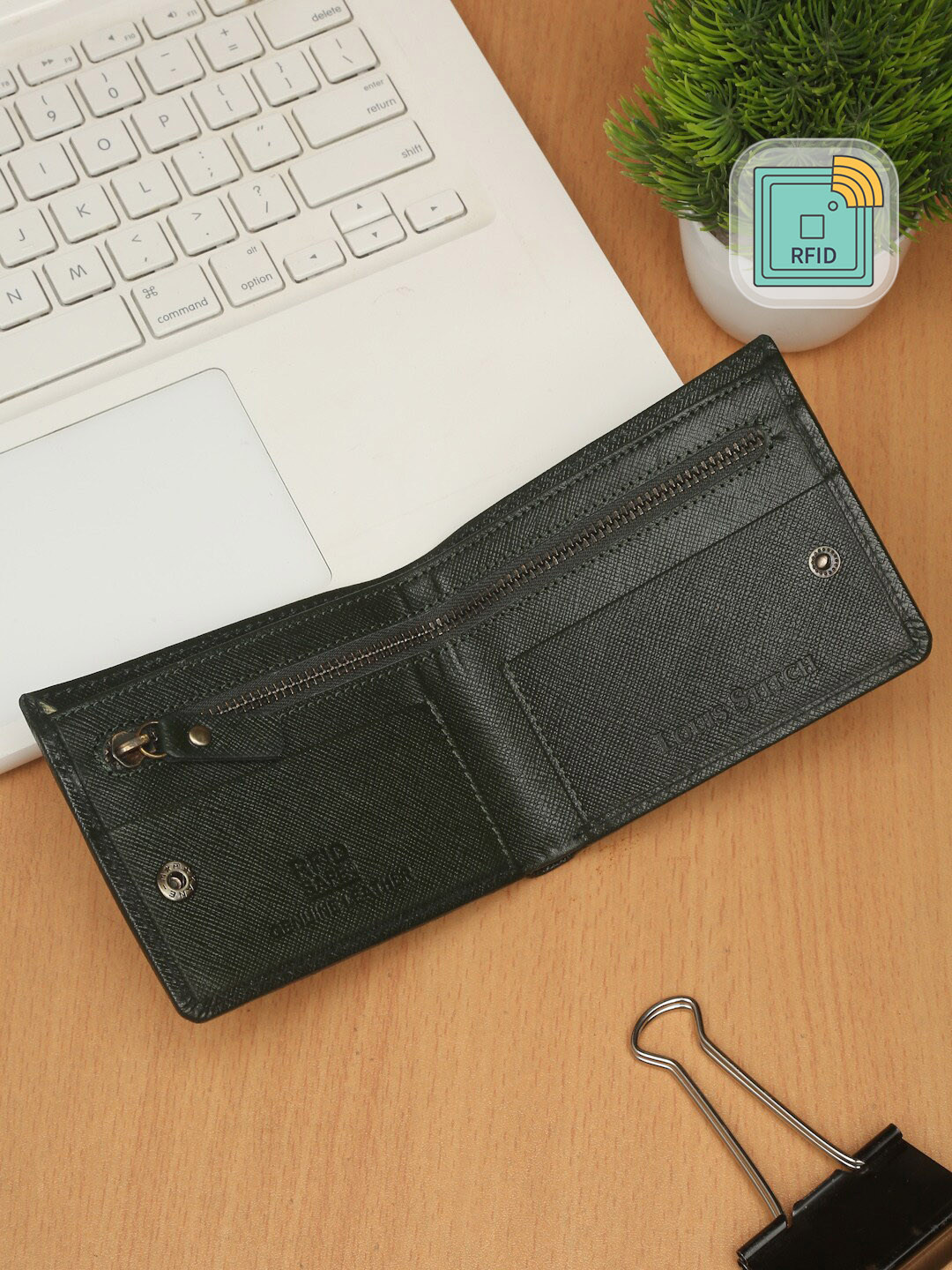 LOUIS STITCH Green Saffiano Leather Bifold Men's Wallet with Zip Pocket and RFID Blocking