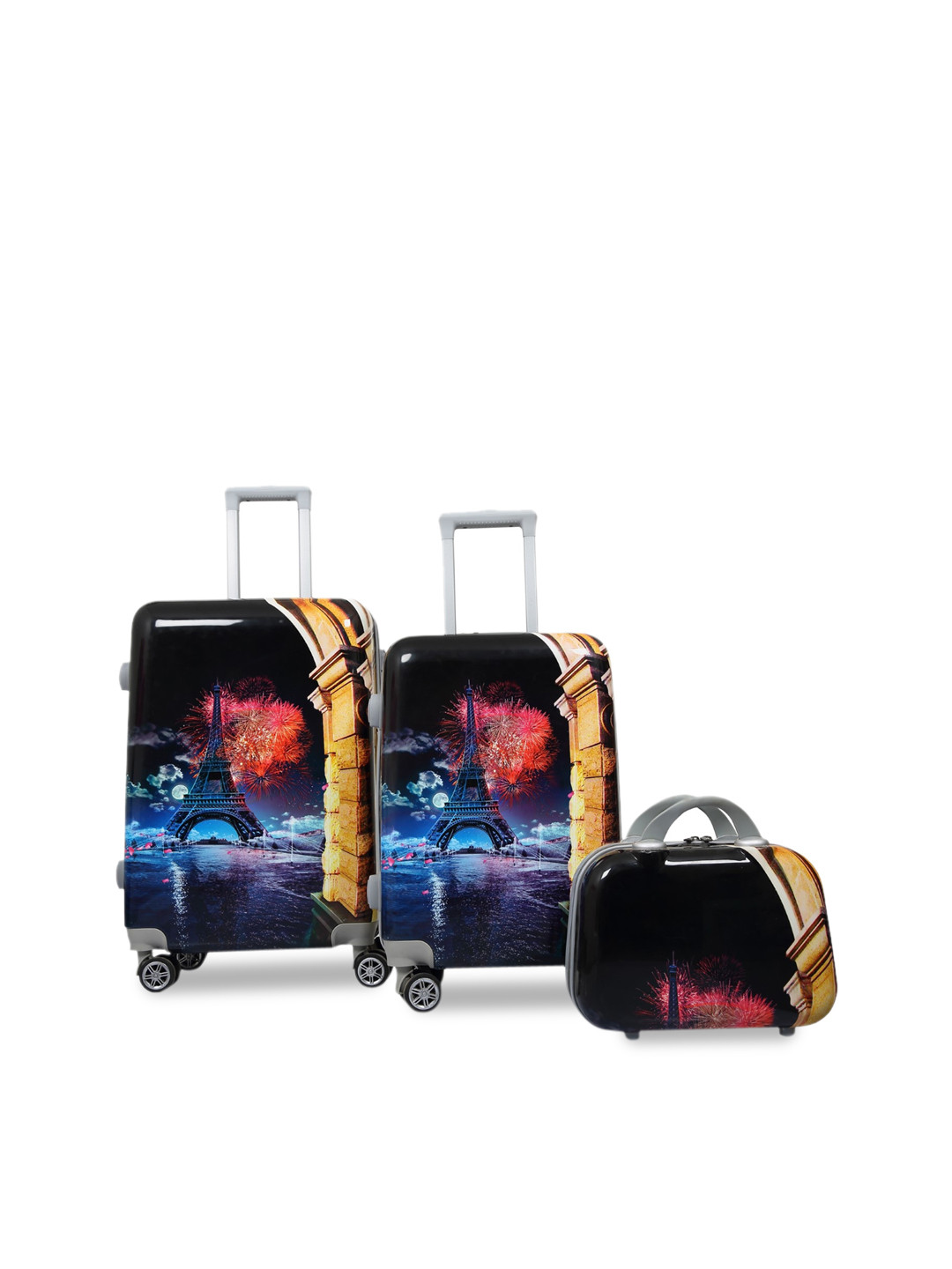 Polo Class Set of 3 Black Printed Trolley & Vanity Bag