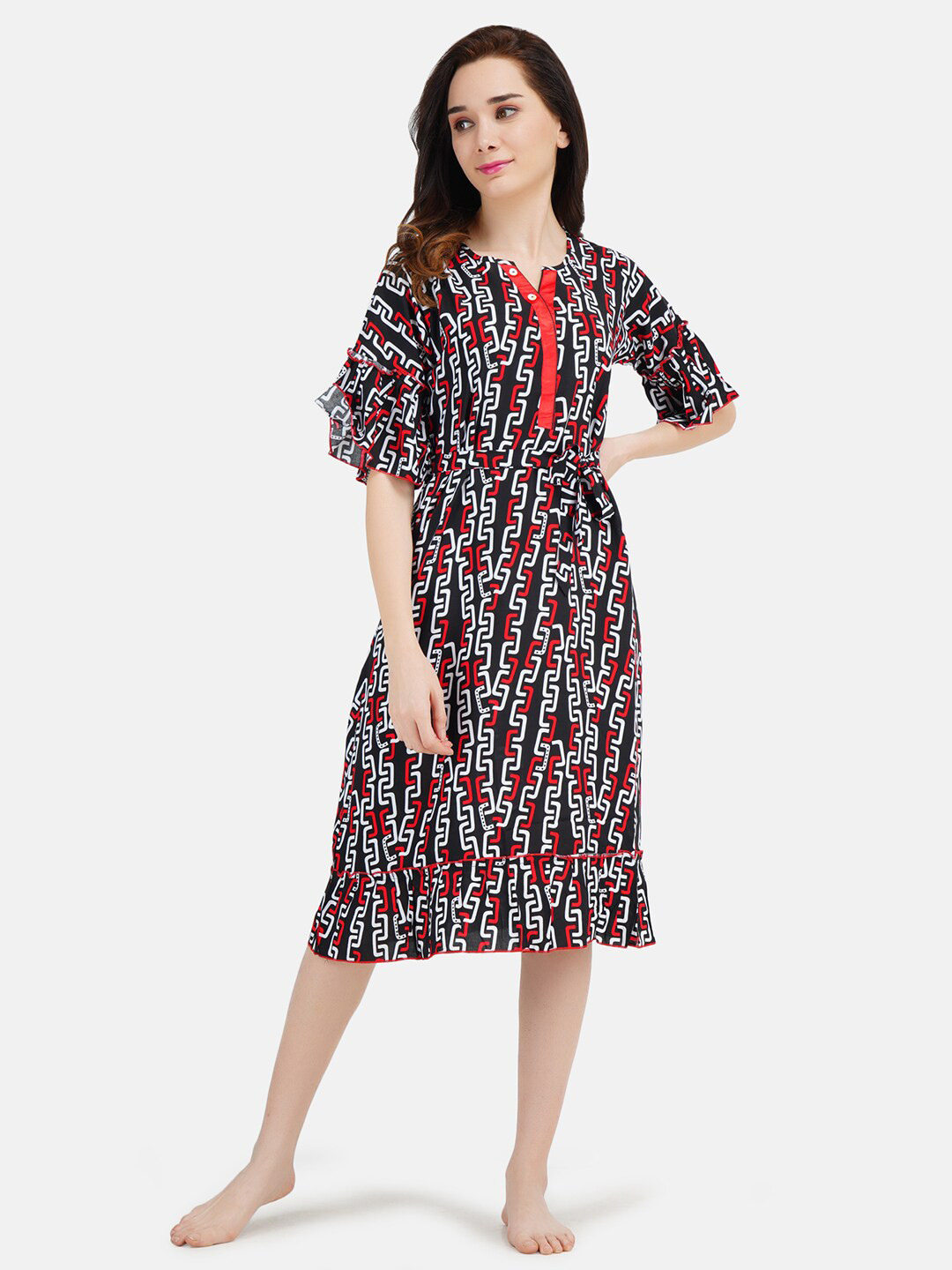 KOI SLEEPWEAR Woman Black Chain Patterned Printed Nightdress