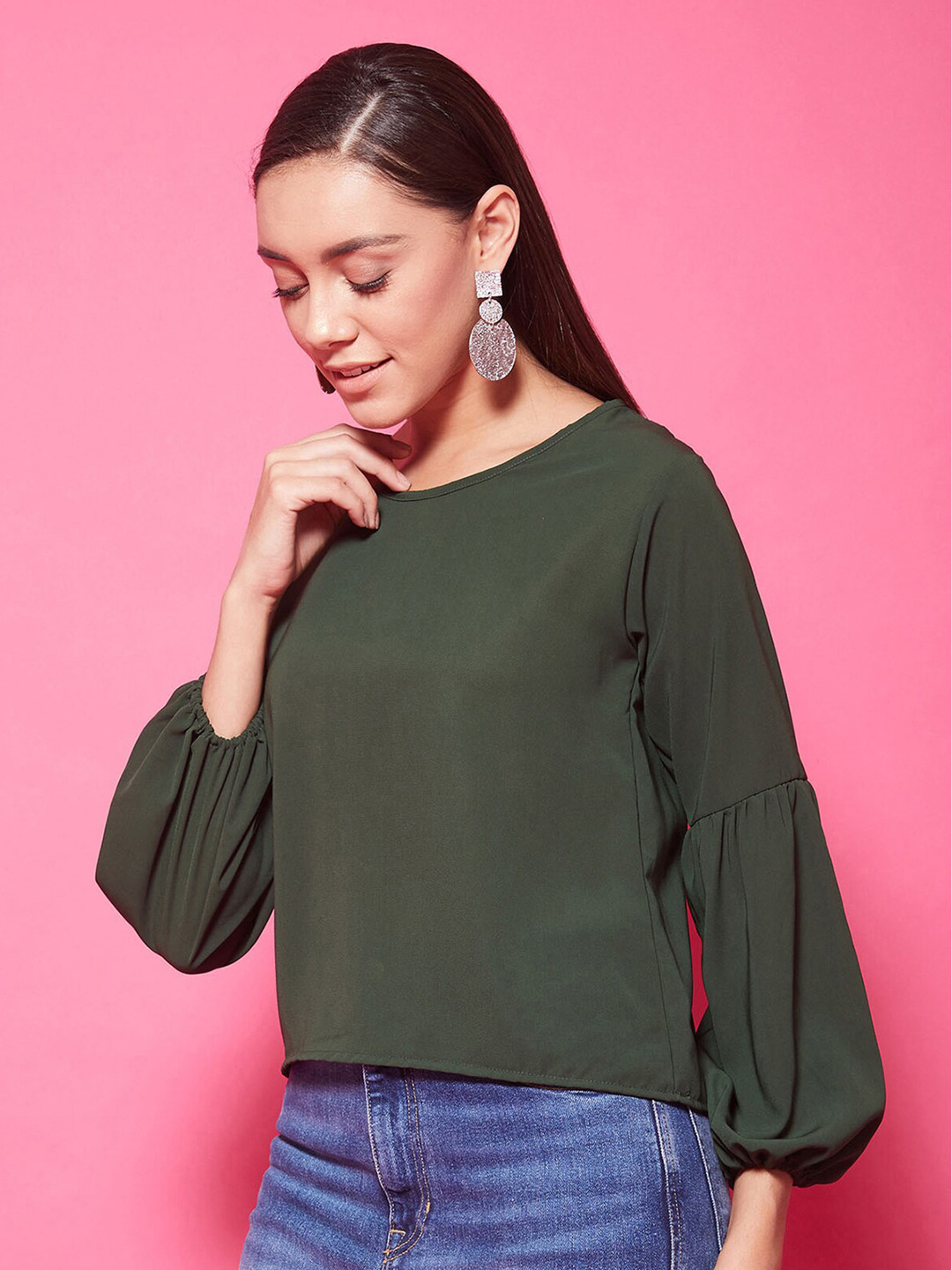 CHIMPAAANZEE Olive Green Puff Sleeves Top