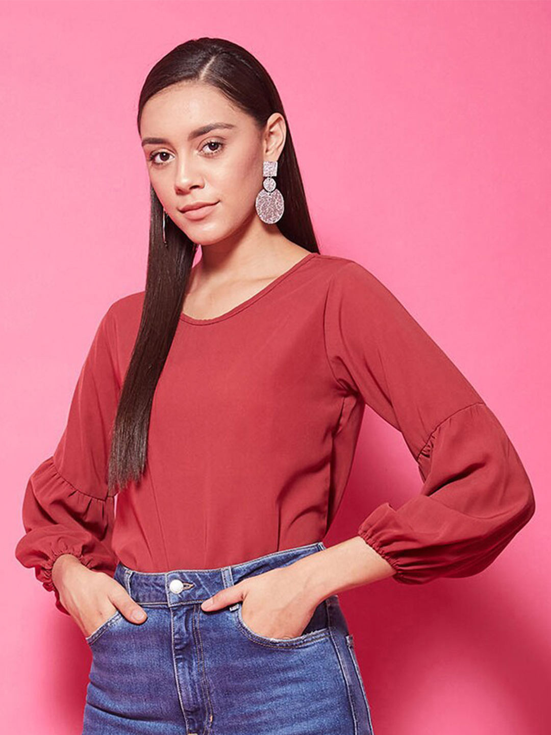 CHIMPAAANZEE Women Rust Balloon Sleeve Top