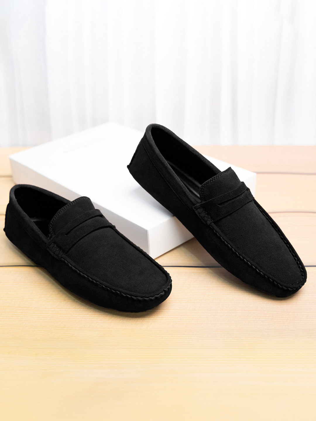 LOUIS STITCH Men Obsidian Black Italian Suede Leather Driving Loafers