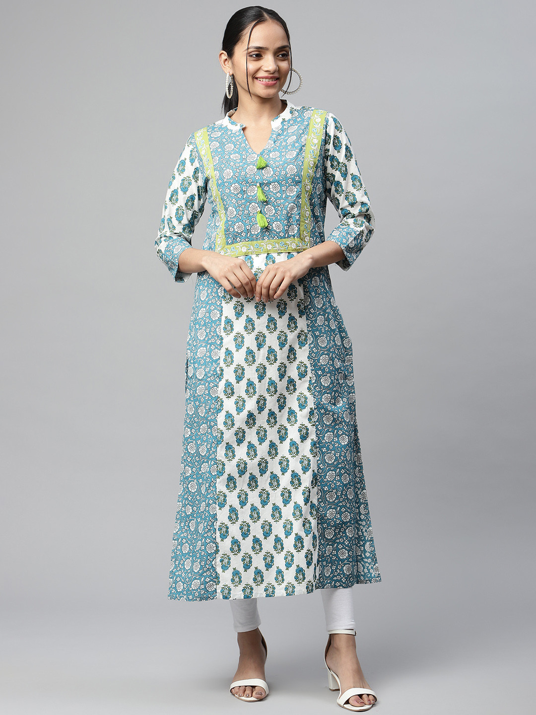 IRIDAA JAIPUR Women White & Green Ethnic Motifs Printed Kurta