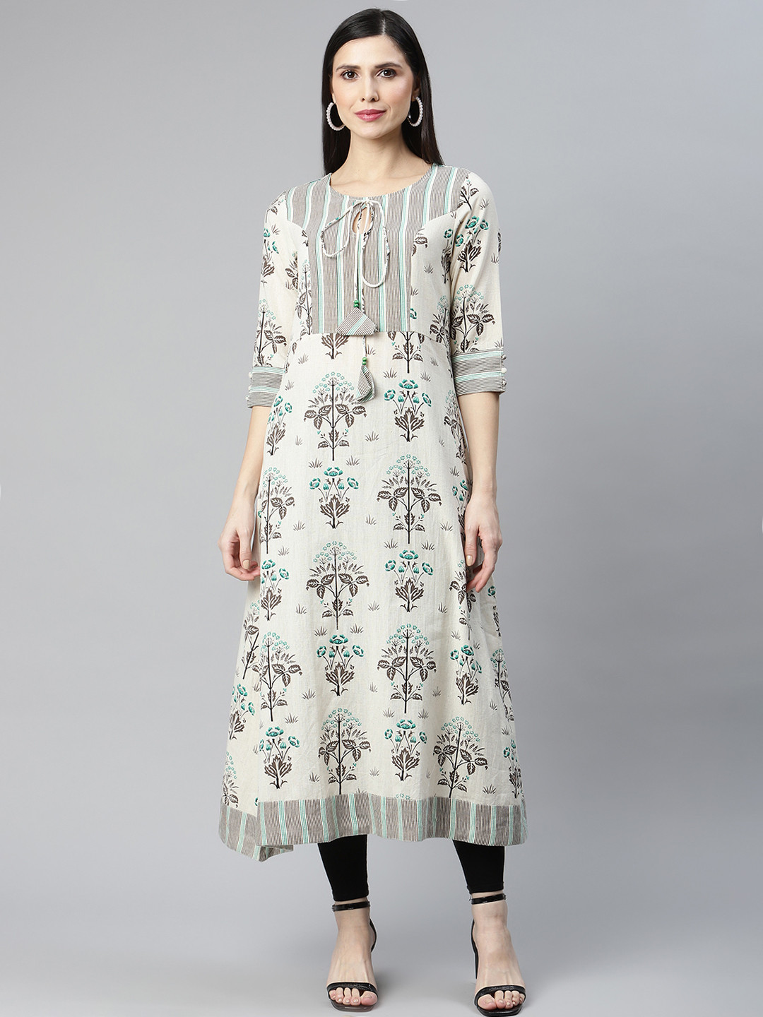 IRIDAA JAIPUR Green & Grey Floral Printed Keyhole Neck Floral Kurta