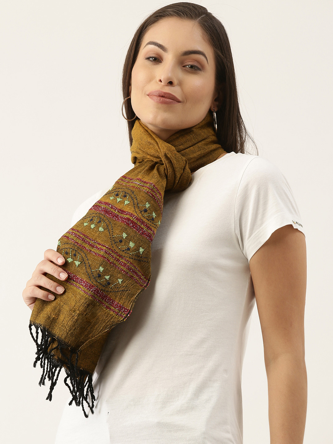 ArtEastri Women Brown & Green Cotton Khesh Kantha Embroidered Stole