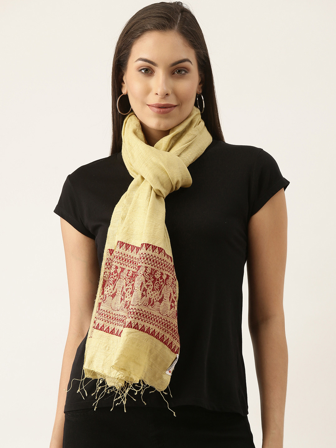 ArtEastri Women Beige & Red Embroidered Ahimsa silk Baluchari Stole