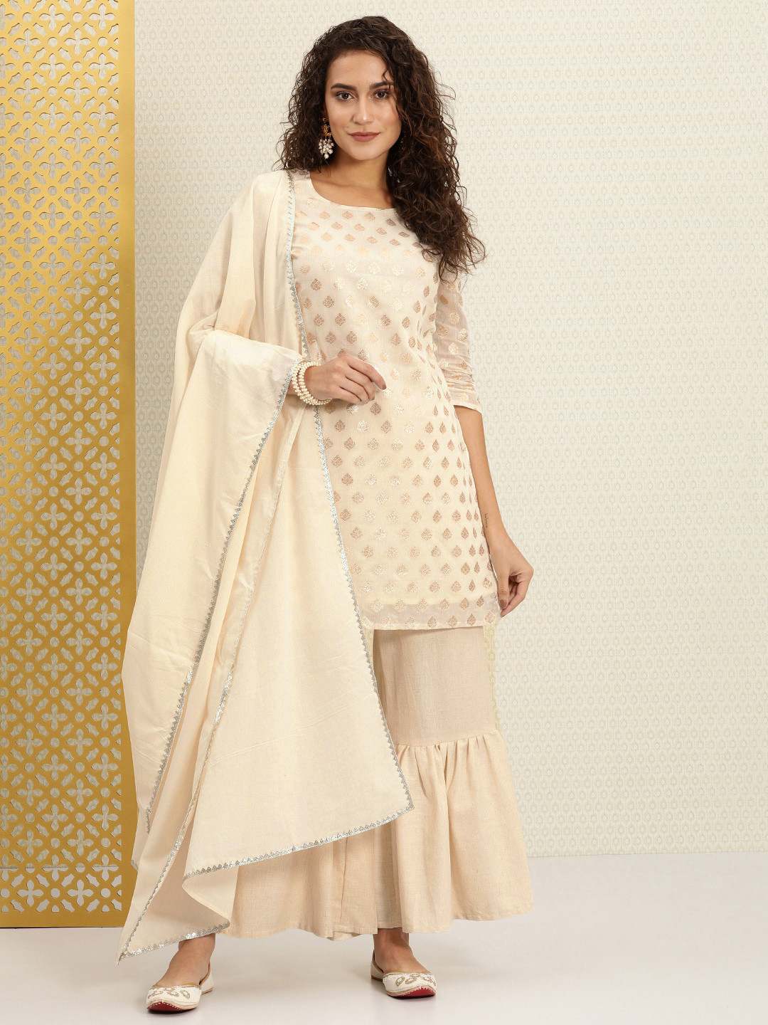House of Pataudi Women Off White Dua Woven Design Zari Kurta with Sharara & Dupatta