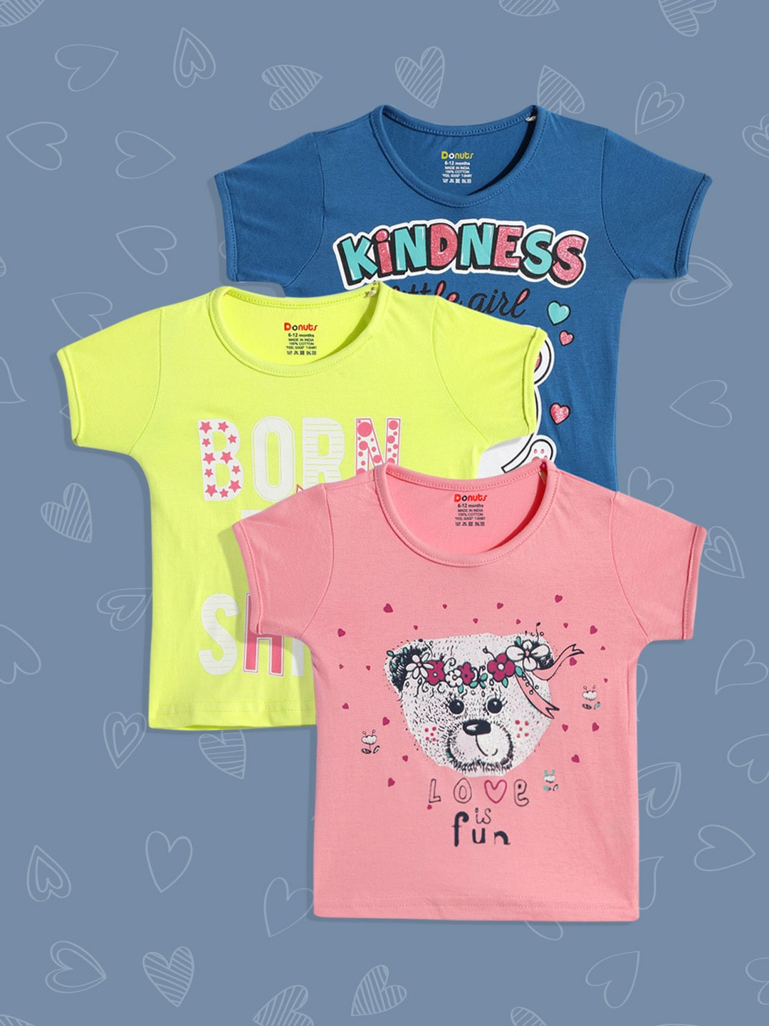 Donuts Girls Pack Of 3 Pure Cotton Printed T-shirt