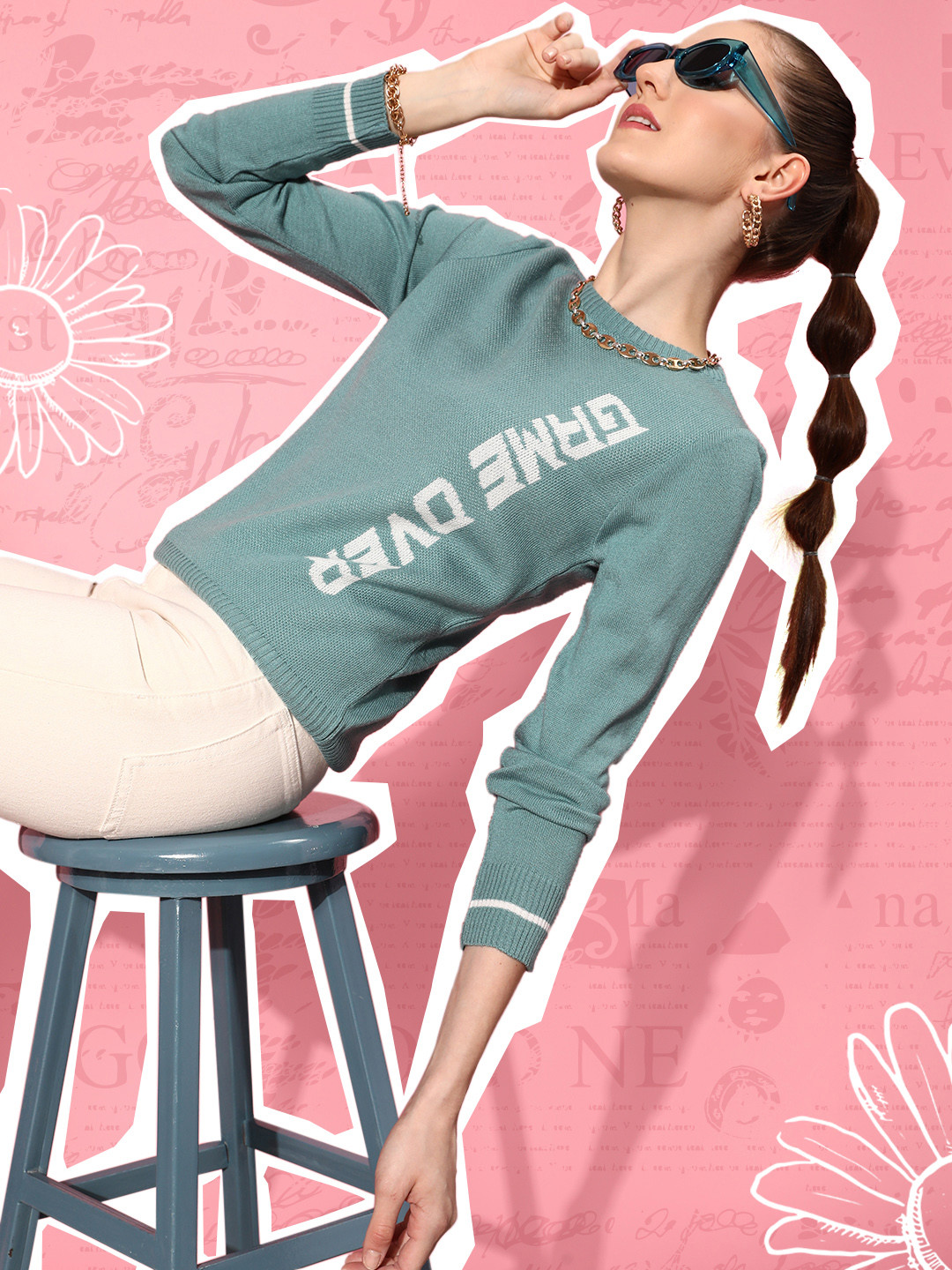 DressBerry Women Sea Green Typography Whipped for Varsity Sweater