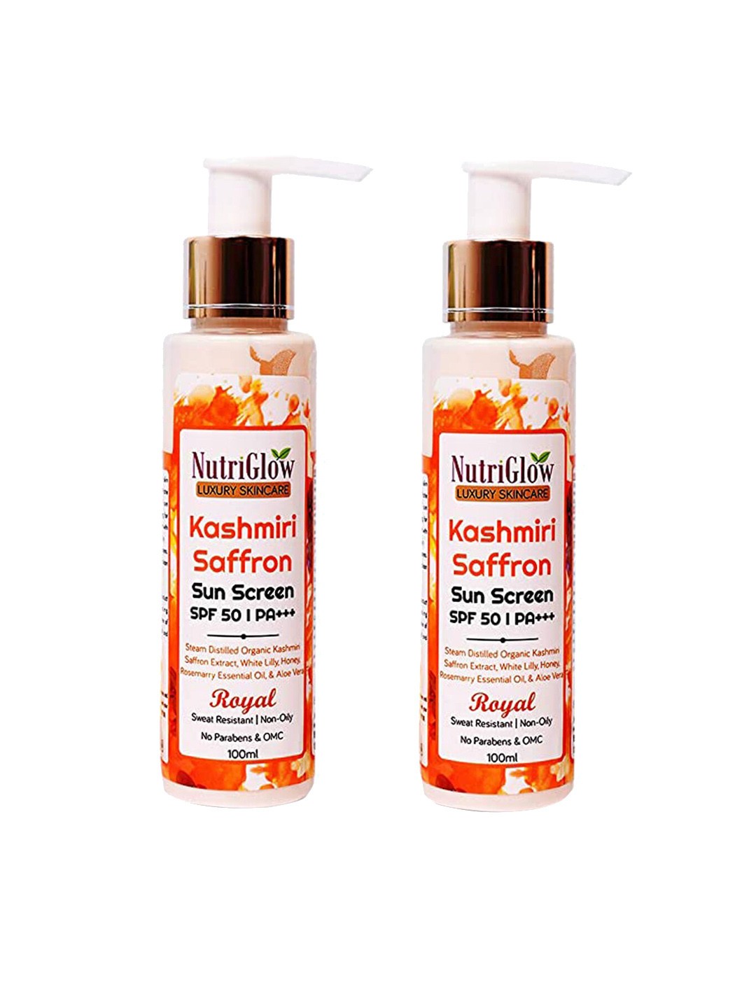 NutriGlow Set of 2 Sustainable Royal Kashmiri Saffron SPF 50 PA+++ Sun Screen - 100 ml Each
