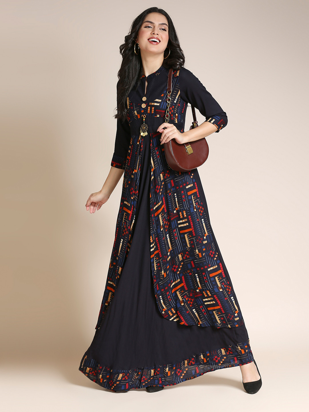 MADHURAM Navy Blue & Rust Geometric Printed Layered Ethnic Gown Maxi Dress