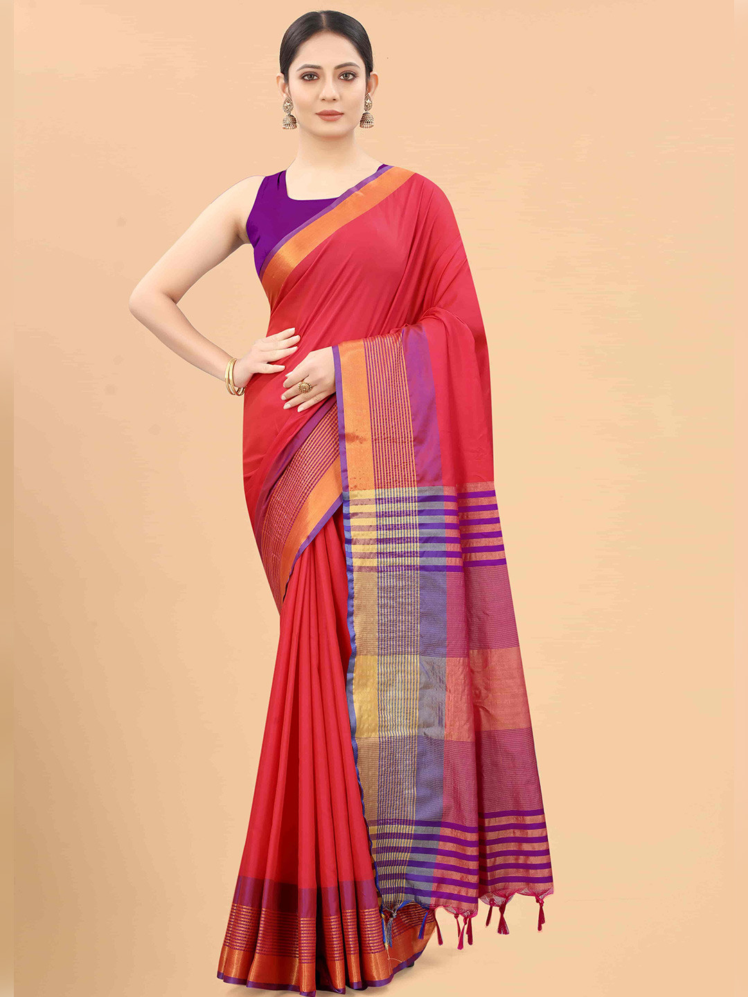 Silk Land Red & Purple Zari Art Silk Arani Saree