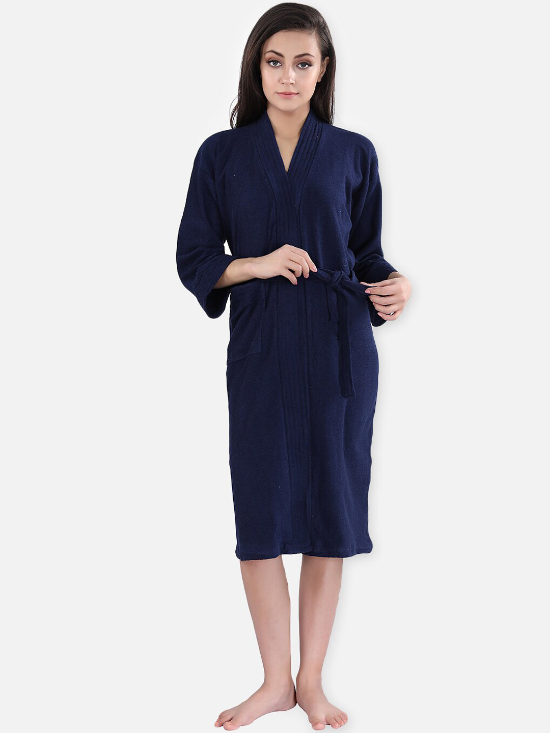 LacyLook Navy Blue Solid Terrycloth Drawstring Knee Length Bath Robe-S