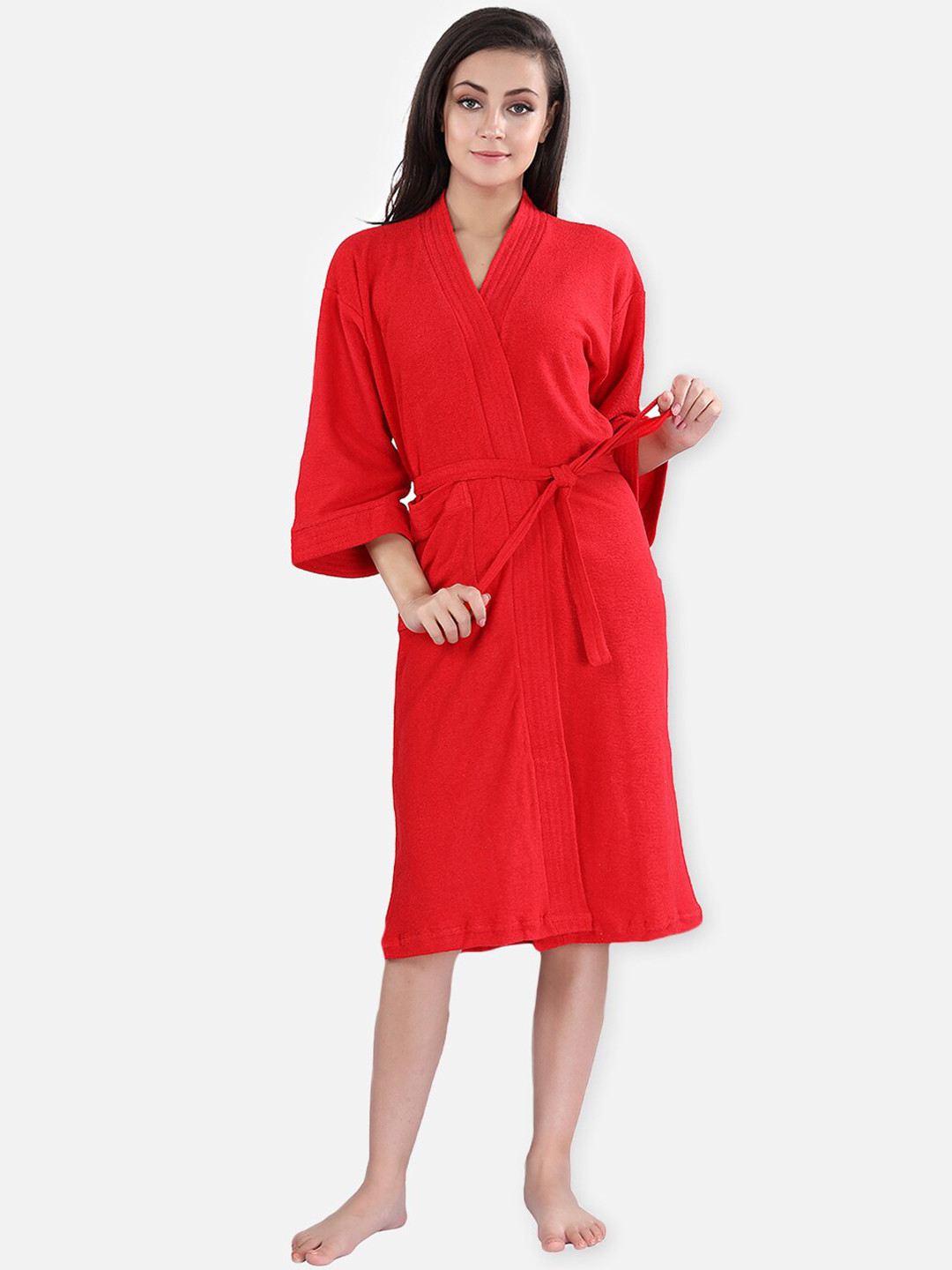 LacyLook Red Solid Polyester Drawstring Knee Length Bath Robe-S