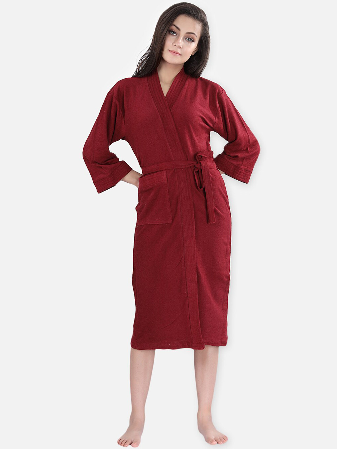 LacyLook Maroon Solid Terrycloth Drawstring Knee Length Bath Robe-S