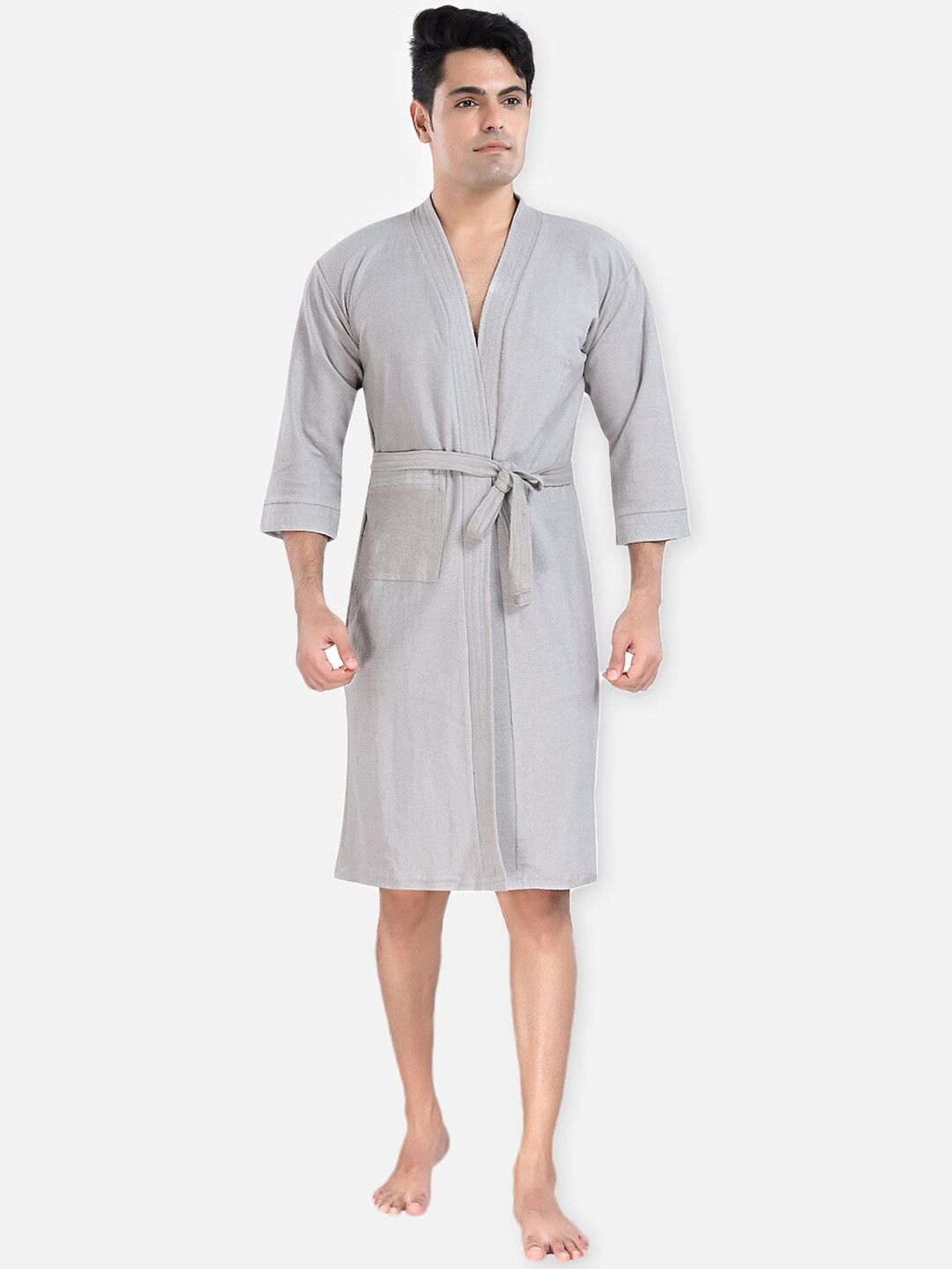 LacyLook Grey Solid Cotton Drawstring Knee Length Bath Robe-S