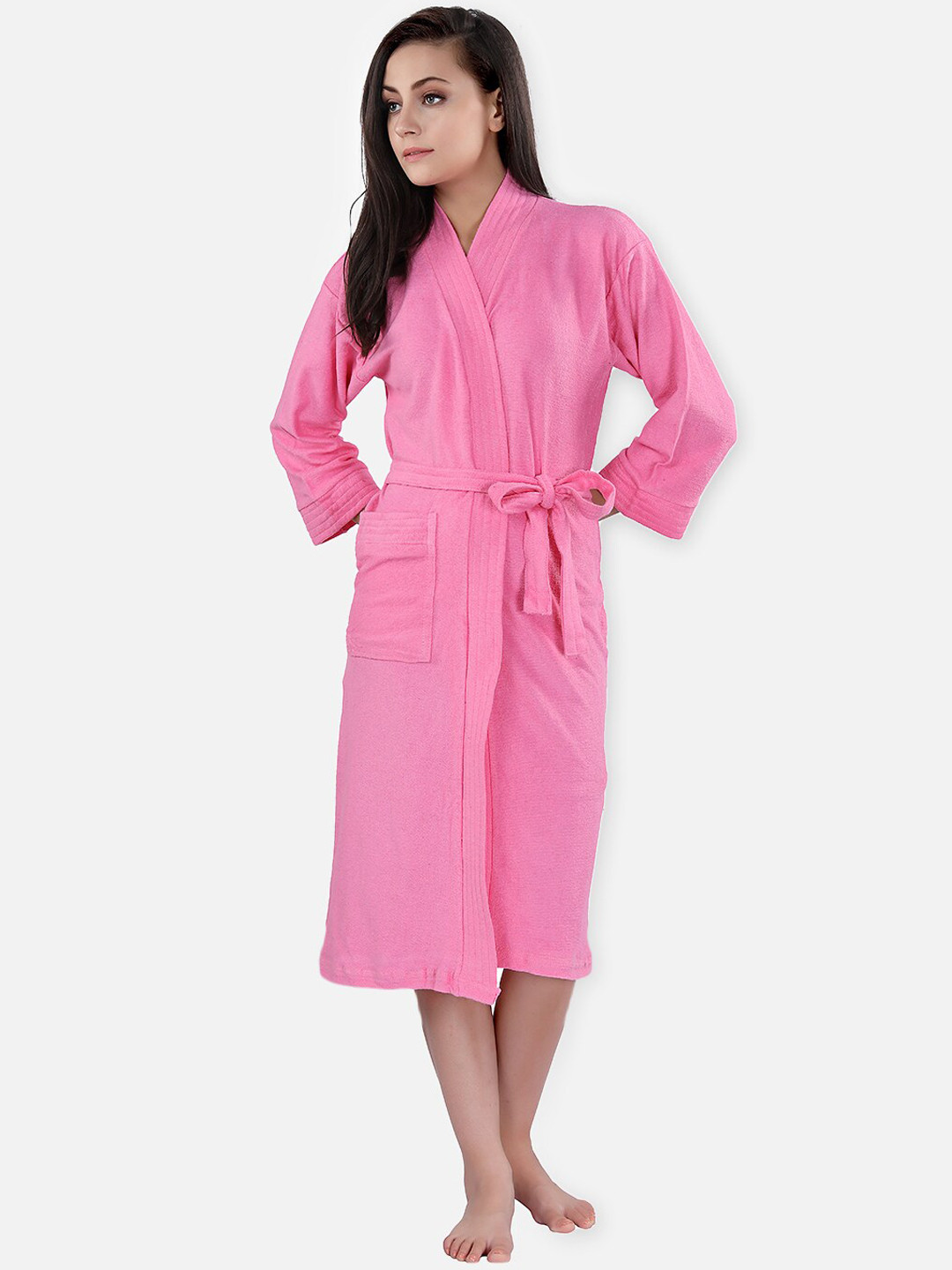 LacyLook Pink Solid Polyester Drawstring Knee Length Bath Robe-S