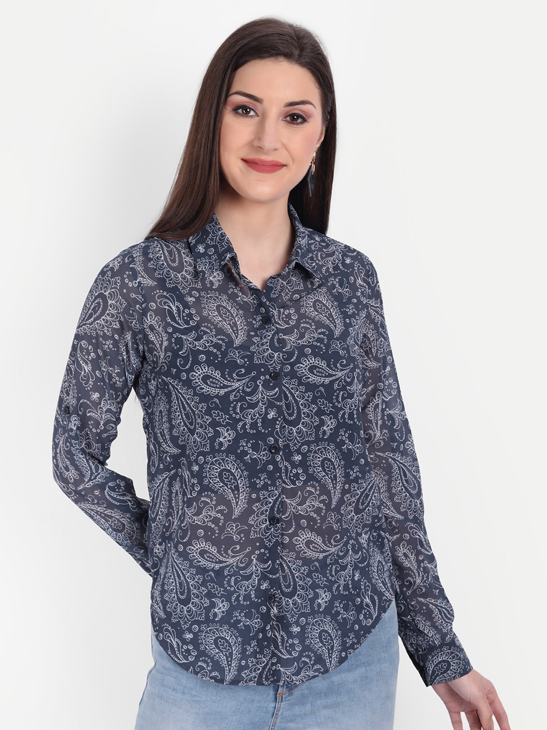 CHARMGAL Women Blue & White Relaxed Semi Sheer Paisley Printed Casual Shirt