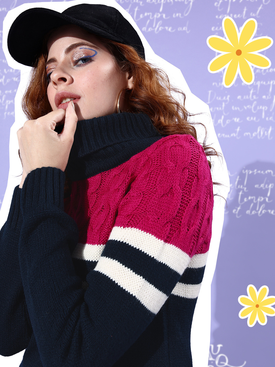Dressberry Women Magenta Pink & Navy Blue Colourblocked Whipped for Varsity Pullover
