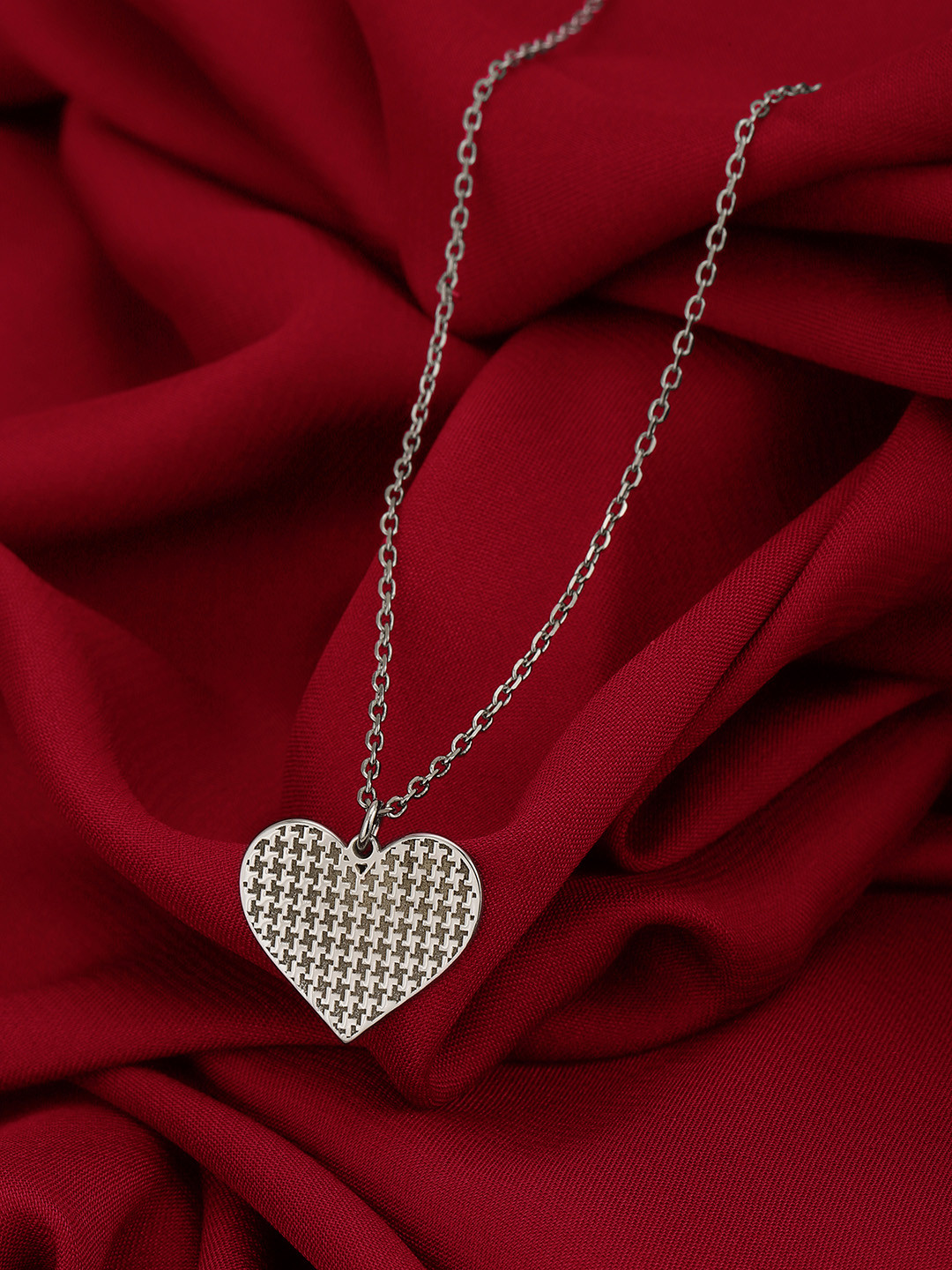Carlton London Rhodium-Plated Heart Textured Link Necklace