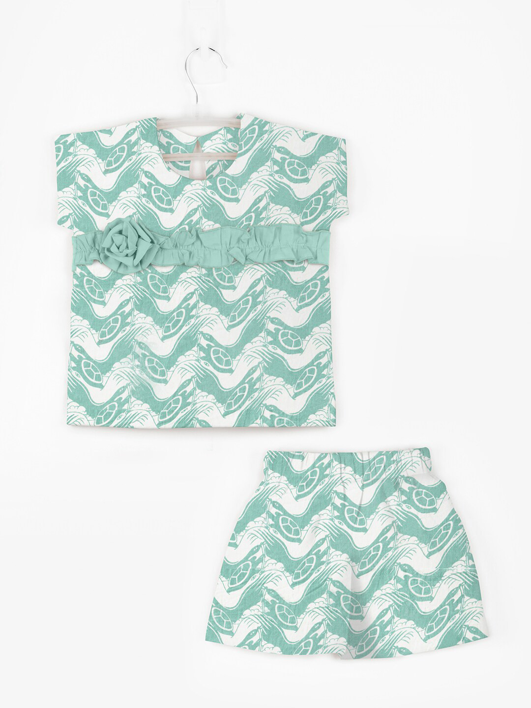 STORY TAILOR Girls Sea Green & White Printed Top with Shorts