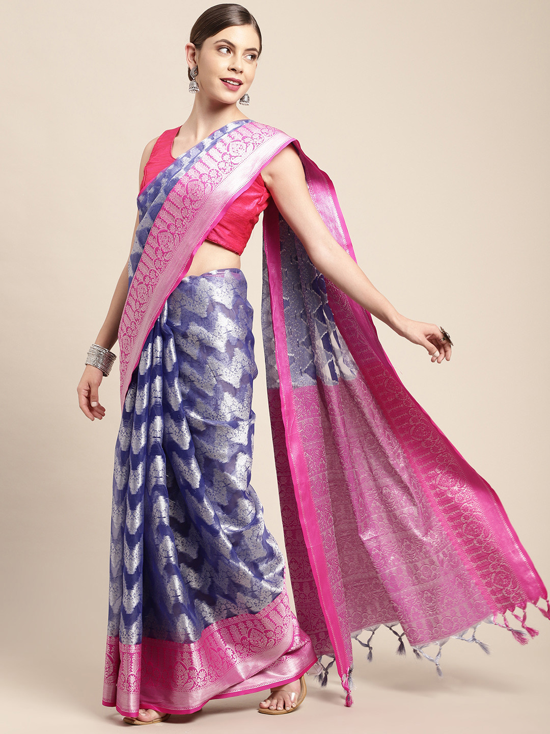 Leeza Store Navy Blue & Pink Woven Design Organza Taant Saree