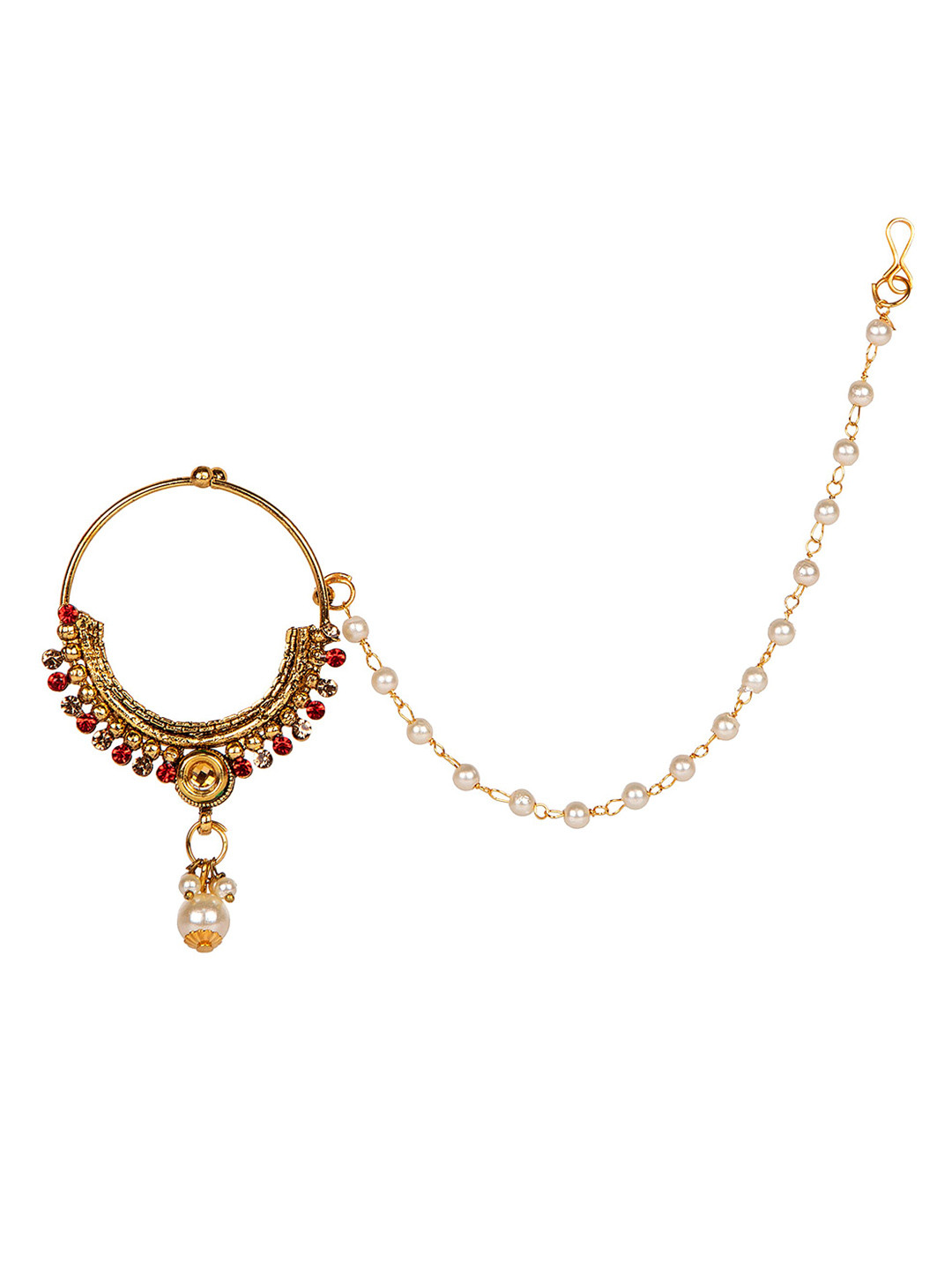 ANIKAS CREATION Women Red Gold-Plated & Off-White Beaded & Stone-Studded Chained Nose Ring