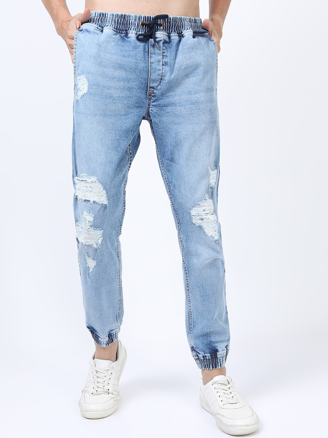 KETCH Men Blue Jogger Mildly Distressed Light Fade Stretchable Jogger Jeans
